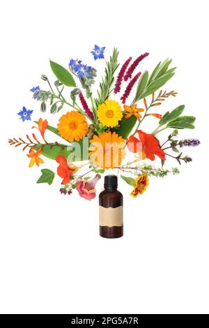 Surreale Sommerblume, Wildblumen- und Kräuterspritzer, abstrakt mit Tinkturflasche. Flora für ätherische Aromatherapieöle und natürliche pflanzliche Medizin Stockfoto