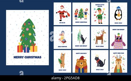 Weihnachtsgrußkarten Set mit süßen Wintertieren, Kindern, Weihnachtsmann. Weihnachts-Anhänger-Paket Stock Vektor
