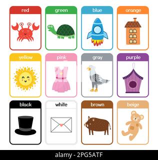 Farb-Karteikarten-Kollektion mit niedlichen Tieren. Farbnamen und Bilder für die Vorschule Stock Vektor