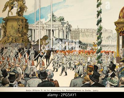 Kaiser William I. eröffnet das Nationaldenkmal in Berlin 1897, Geschichte der Hohenzollern, Deutsches Reich, historische Illustration 1899 Stockfoto
