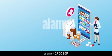 Online-Apotheke und Medizin mit einer medizinischen App. Medikamente online kaufen. Mobiler Service oder App zum Kauf von Medikamenten in der Online-Apotheke Drogerie. Stock Vektor