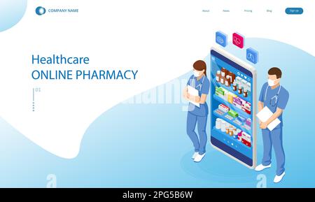 Online-Apotheke und Medizin mit einer medizinischen App. Medikamente online kaufen. Mobiler Service oder App zum Kauf von Medikamenten in der Online-Apotheke Drogerie. Stock Vektor