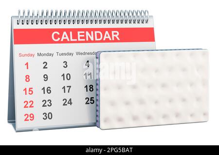 Matratze mit Tischkalender, 3D-Rendering isoliert auf weißem Hintergrund Stockfoto