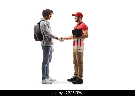 Profilfoto eines jungen afroamerikanischen Mannes, der sich mit einem Lieferanten die Hand schüttelt, isoliert auf weißem Hintergrund Stockfoto