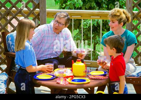 1990S LÄCHELNDE FAMILIE AN EINEM PICKNICKTISCH AUF DER HINTEREN VERANDA, DIE SICH BEIM TRINKEN VON EISTEE UNTERHÄLT UND EINE TEEPARTY VERANSTALTET, MUTTER VATER SOHN TOCHTER - KC11913 BAR007 HARS MOM KLEIDUNG NOSTALGISCHES PAAR 4 VORSTADTTERRASSE FARBE VERANDA MÜTTER ALTER ZEIT NOSTALGISCHER BRUDER ALTMODISCHE SCHWESTER JUGENDLICHE KOMMUNIKATION JUNGE ERWACHSENE SÖHNE FAMILIEN FREUDE AM LEBENSSTIL FRAUEN VERHEIRATET BRÜDER PATIO EHEPARTNER EHEMÄNNER ZUHAUSE KOPIE WELTRAUMFREUNDSCHAFT HALBE LÄNGE DAMEN TÖCHTER PERSONEN MÄNNER GESCHWISTER SCHWESTERN VÄTER PARTNER GLÜCK HOCHWINKEL FREIZEIT VÄTER EXTERIEUR STOLZ GESCHWISTER EISTEE STILVOLLE KOOPERATION EISTEE MITTE ERWACHSENER Stockfoto