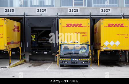 Aschheim, Deutschland. 20. März 2023. Container und Fahrzeuge mit dem DHL-Logo stehen im DHL-Paketcenter. Durch die Anbindung an das bestehende Paketzentrum entsteht der größte Paketabfertigungsstandort von Deutsche Post DHL in Deutschland. Kredit: Sven Hoppe/dpa/Alamy Live News Stockfoto