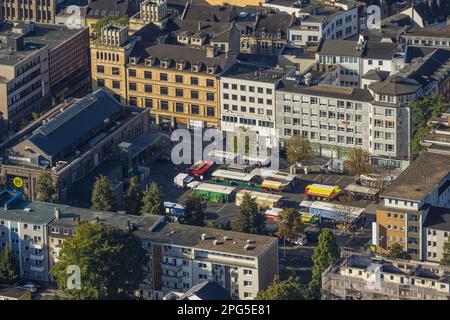 Luftblick, Fußgängerzone City Buer-Mitte mit Markthalle, Springemarkt und Wochenmarkt im Stadtteil Buer in Gelsenkirchen, Ruhr Stockfoto