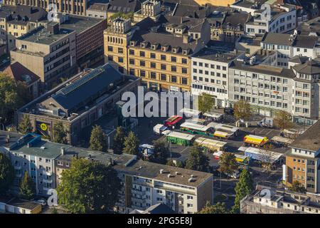 Luftblick, Fußgängerzone City Buer-Mitte mit Markthalle, Springemarkt und Wochenmarkt im Stadtteil Buer in Gelsenkirchen, Ruhr Stockfoto