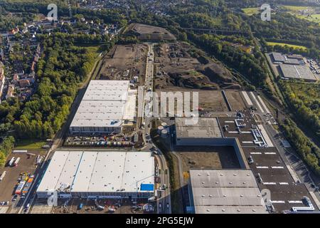 Luftaufnahme, Baustelle Industriegebiet Europastraße mit logistikzentrum bilstein im Bezirk Gelsenkirchen-Bulmke-Hüllen in Gelsen Stockfoto