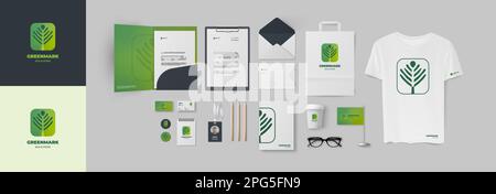 Das Starterpaket für das Unternehmensdesign umfasst ein grünes Pflanzenlogo in minimalistischem Stil und eine Unternehmensidentität. Ordner A4, Visitenkarte, Umschlag Stock Vektor