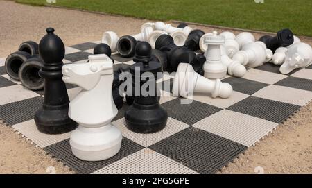Schachbrett und Schachfiguren auf dem Rasen im Garten, Schachfiguren aus Holz spielen, Business-Team-Wettbewerbsspielkonzept, Leadership Hand of Bu Stockfoto