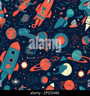 Nahtloses Muster mit Raketen und fliegenden Objekten. Kreative KI Stockfoto