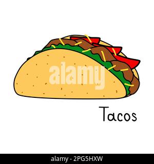 Tacos mit Tortilla-Muschel, mexikanisches Mittagessen, Doodle-Style-Vektorbild Stock Vektor
