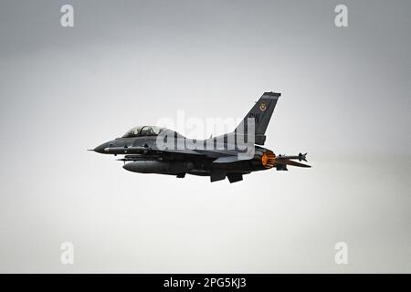 EIN US-AMERIKANISCHER Air Force F-16D Fighting Falcon der 55. Kampfgeschwader startet während der Übung Red Flag-Nellis (RF-N) 23-2 am Nellis Air Force Base, Nevada, 14. März 2023. Durch spezielle Schulungsmöglichkeiten wie RF-N 23-2 sorgen Wild Wiasels für Kampfbereitschaft und taktische Kompetenz, um eine einsatzbereite Truppe aufrechtzuerhalten, die in der Lage ist, die kollektive Verteidigung der Vereinigten Staaten, ihrer Partner und Verbündeten sicherzustellen. (USA Air Force Photo von Staff Sgt. Madeline Herzog) Stockfoto