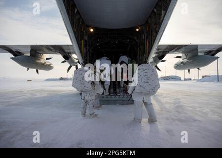 Soldaten der Royal Canadian Armed Forces gehen an Bord eines LC-130 Hercules vom 109. Airlift Wing in Resolute Bay, Nunavut, Kanada, 15. März 2023. Soldaten wurden nach Templeton Bay transportiert, um eine Bodentruppen-Übung durchzuführen (USA Air National Guard Foto von Staff Sgt. Madison Scaringe) Stockfoto