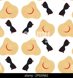 Endloses Muster mit Strohhut mit breiter Krempe und rotem Band und schwarzer Sonnenbrille in rotem Rahmen. Flach verlegt. Isolieren. Hallo Sommer. Design für Verpackung, Poster oder Gruß, Preis, Banner. EPS Stock Vektor