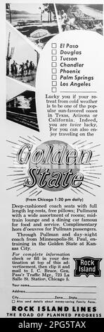 Rock Island präsentiert Pullman Reisewerbung in einer Zeitschrift NatGeo, 1956 Stockfoto