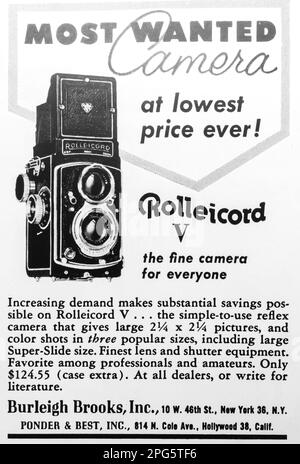 Rolleicord 5-Kamerawerbung in einer Zeitschrift NatGeo, 1956 Stockfoto