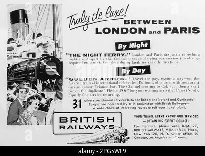 British Railways Travel between London and Paris – Werbung in einer Zeitschrift NatGeo, Dezember 1956 Stockfoto