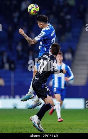 BARCELONA – 13. FEBRUAR: Ruben Sanchez Saez in Aktion während des LaLiga-Spiels zwischen RCD Espanyol und Real Sociedad im RCDE-Stadion am 13. Februar 20 Stockfoto