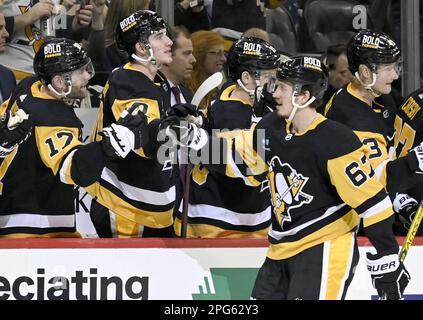 Pittsburgh Penguins Rickard Rakell (67) feiert sein Tor mit Pittsburgh Penguins Right Wing Bryan Rust (17) und dem Rest der Penguins Bank, die das Spiel in der dritten Runde des Ottawa Senators 2-1-Gewinns in der PPG Paints Arena in Pittsburgh am Montag, den 20. März 2023 verbindet. Foto: Archie Carpenter/UPI Stockfoto