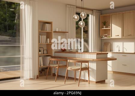 Minimalistisches skandinavisches Küchendesign in Holzwerkstoffstil mit minimalistischer Holzküche, Couchbar, Sesseln, Waschbecken, Holzschrank, stilvollem Pend Stockfoto