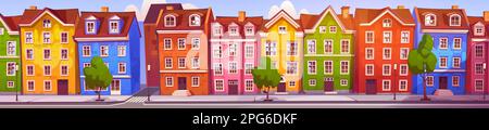 Skandinavischer Panoramablick auf die Straße mit traditionellen Gebäuden. Vektor-Cartoon-Illustration einer gemütlichen Stadt mit alten Häusern, roten Dächern, grünen Bäumen und Laternen auf dem Bürgersteig im Sommer Stock Vektor