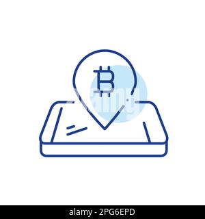 Bitcoin-Symbol auf Kartenzeiger. Isometrisches Smartphone. Pixel Perfect, Liniensymbol Stock Vektor