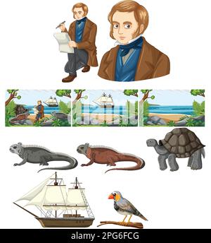 Set aus charles darwin und Tierabbildung Stock Vektor