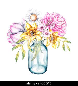 Aquarelle Blumen in einer Vase auf einem weißen, isolierten Hintergrund für das Design von Urlaubsprodukten, Karten, Einladungen, Verpackungen, Schals, Usw. Stockfoto