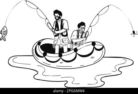 Vater und Sohn, die auf einem Boot angeln, Illustration im Doodle-Stil, isoliert im Hintergrund Stock Vektor