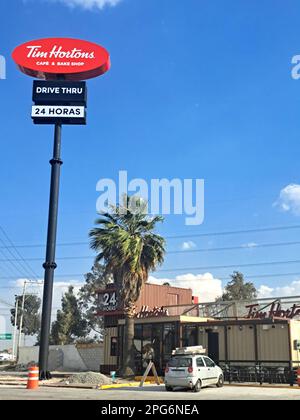 Queretaro, Mexiko - Februar 13 2023: Die kanadische Restaurantkette Tim Hortons eröffnete ihre erste Filiale in Quertaro, um das größte Fast Food zu werden Stockfoto