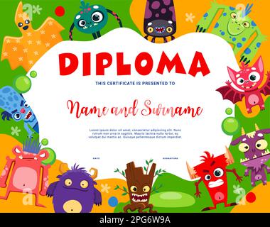 Kinderdiplom, Comic-Figuren mit lustigen Monstern, Vektorzertifikat-Preis. Troll- und außerirdische Tierarten mit niedlichem, fröhlichem Schläger, Yeti oder Gremlin Stock Vektor
