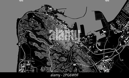 Schwarzgraue Karte mit Vektorhintergrund zu Haifa City, Straßen zu Haifa und Wasserkartografie. Breitbildformat, Roadmap für digitales Flachdesign. Stock Vektor