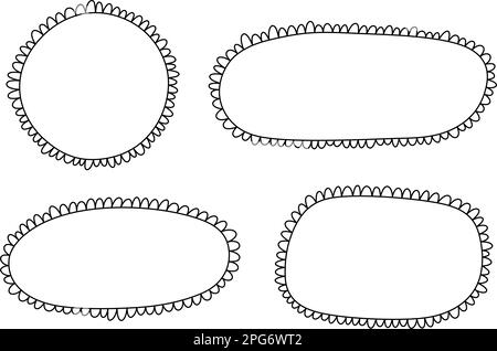 Doodle Circle und quadratische Muschelrahmen. Handgezeichnete Rechteck- und Ellipsenformen mit ausgekrümmten Kanten. Einfaches Etikettenformular. Rahmen aus Blumenspitze Stock Vektor