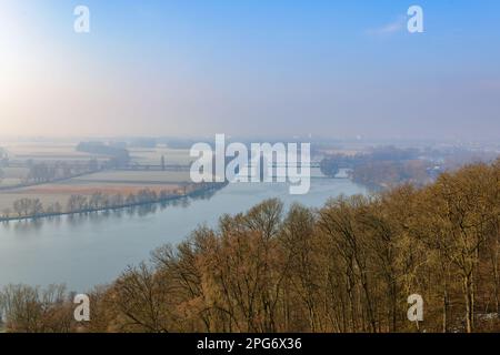 Donautal im Morgennebel bei Regensburg, Bayern. Stockfoto