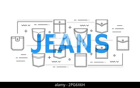 Jeans, Jeans, Jeans, Jackentaschen, Nahtmuster von Hosen oder Hemden, Vektorsymbole. Bekleidung und Bekleidungsstücke in Taschenform, Jeans, Denim- und Jackenfabrik Stock Vektor