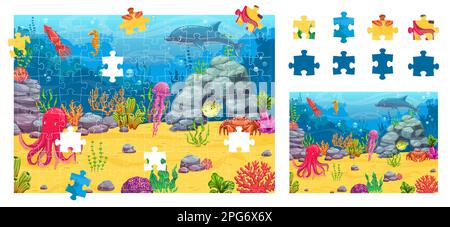 Puzzle-Puzzle-Spielteile, Unterwasserlandschaft. Vektor-Tintenfisch, Quallen, Krabben, Delfine und Kalmare, Seepferdchen, Kugelfisch und Krabben im Meeresboden mit Stock Vektor