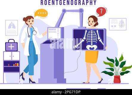 Röntgendarstellung mit Durchleuchtungs-Body-Check-Verfahren, Röntgen-Scanning oder Röntgen in Health Care Flat Cartoon handgezeichnete Vorlagen Stock Vektor