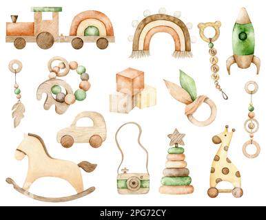Wasserfarbene Babyspielzeuge aus Holz. Kinder schaukeln Pferd, Regenbogen, Auto, Zug, Rakete, Würfel, Beißspielzeug, Pyramide, Kamera Stockfoto