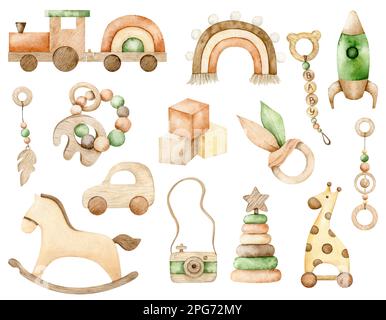 Wasserfarbene Babyspielzeuge aus Holz. Kinder schaukeln Pferd, Regenbogen, Auto, Zug, Rakete, Würfel, Beißspielzeug, Pyramide, Kamera Stockfoto
