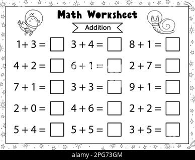 Mathematisches Arbeitsblatt für Kinder. Addition und Subtraktion. Mathematische Aktivitätsseite für Schwarzweiß-Leerzeichen Stock Vektor