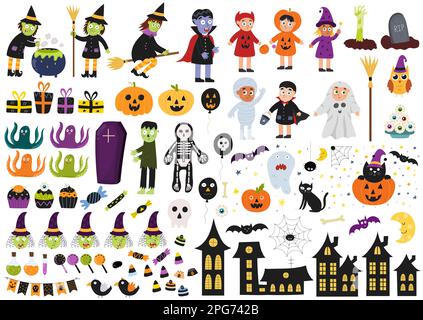 Halloween-Elemente-Set. Große Sammlung mit Hexen, Kindern in Kostümen. Halloween-Clipart-Bündel. Stock Vektor