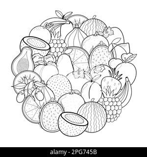 Doodle Fruits, kreisförmiges Muster für Malbuch. Essensmandala-Farbseite Stock Vektor