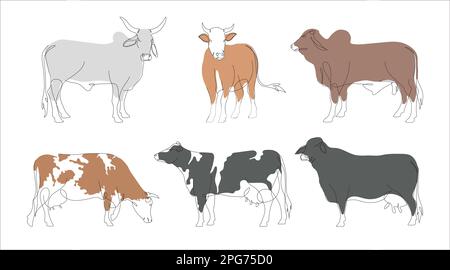 Cow-Set im Zeichnungsstil für fortlaufende Strichzeichnungen. Kontinuierliche Strichentnahme von Rindern. Kuh in abstrakter und minimalistischer linearer Symbolgruppe. Stock Vektor