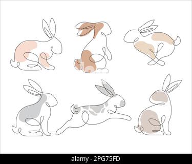 Symbolset im Bunny-Stil. Rabbit Line Art Icon Kollektion. Ein Satz abstrakter Konturkaninchen. Ununterbrochene Linienzeichnung „Rabbit“-Symbol für Minimalismus. Stock Vektor