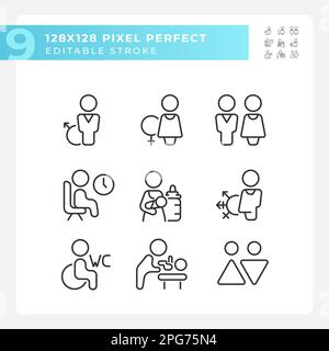 Öffentliche Toiletten zeichnen pixelgenaue lineare Symbole Stock Vektor