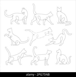 Satz von Katzen in einem Zeichenstil mit einer Linie. Abstrakte und minimalistische Cat Icon Set Kollektion. Zusammenhängende Linienzeichnung der Katze. Vektordarstellung. Stock Vektor