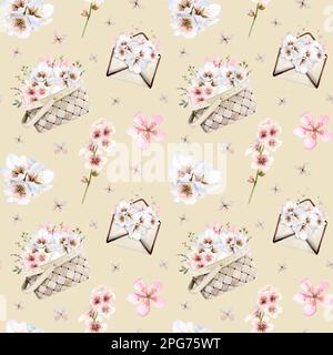 Hochzeitsblume romantisches, nahtloses Muster mit Mandelblumen, Kirschblüten in Körben auf hellgelb für den Muttertag Stockfoto