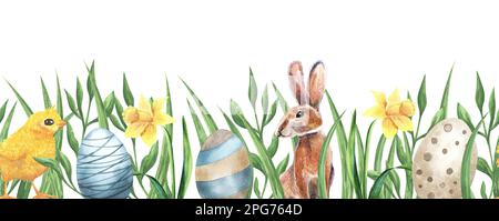 Aquarell Ostern nahtlose Grenze mit Osterhasen, Eiern, Korb, Ballon, Auto, Flaggen, zarte rosa Apfelblüten, Zweige, Blätter und Zweige Stockfoto